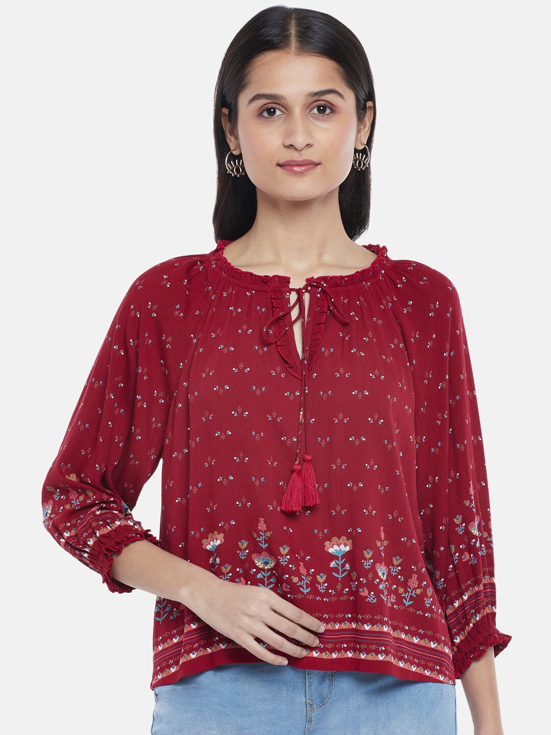 

People Red Floral Printed Tie-Up Neck Crepe Top