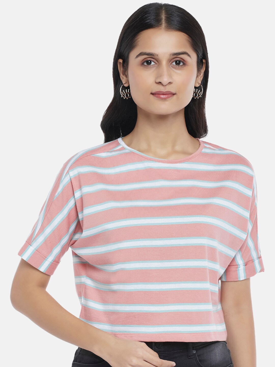 

People Women Pink Striped Extended Sleeves Top