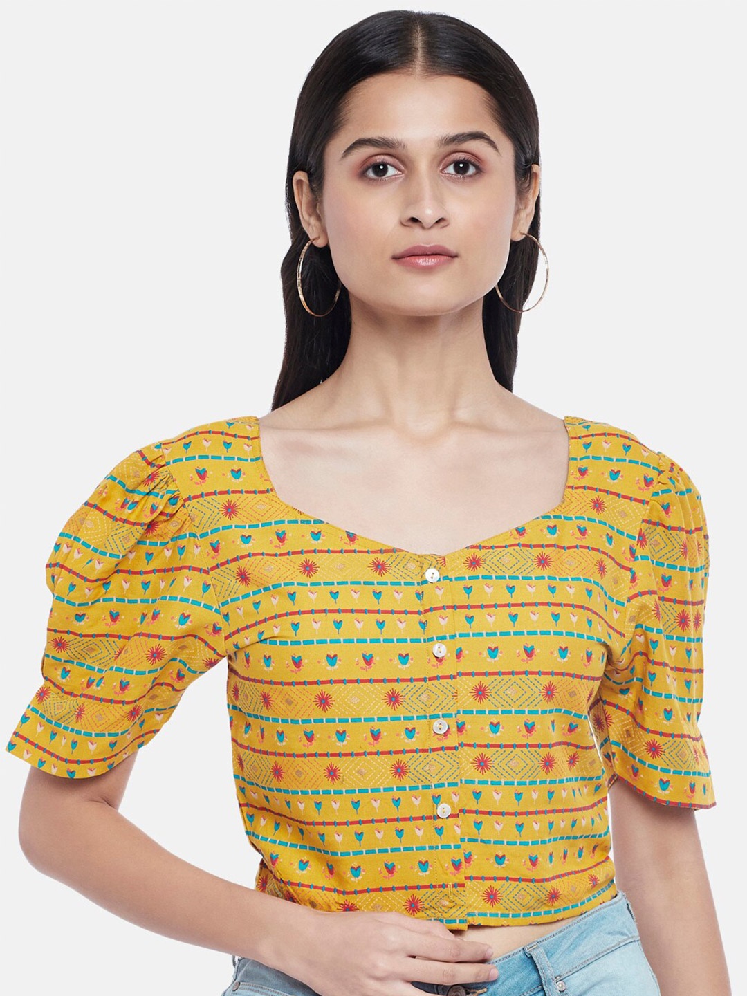 

People Women Mustard Yellow Floral Print Sweetheart Neck Top