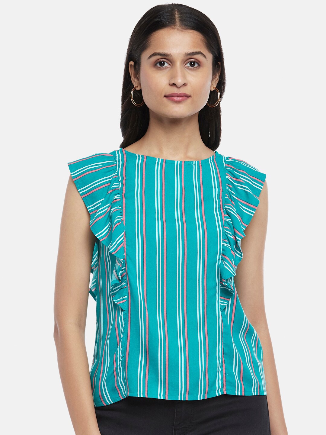 

People Women Green Vertical Striped Sleeveless Top