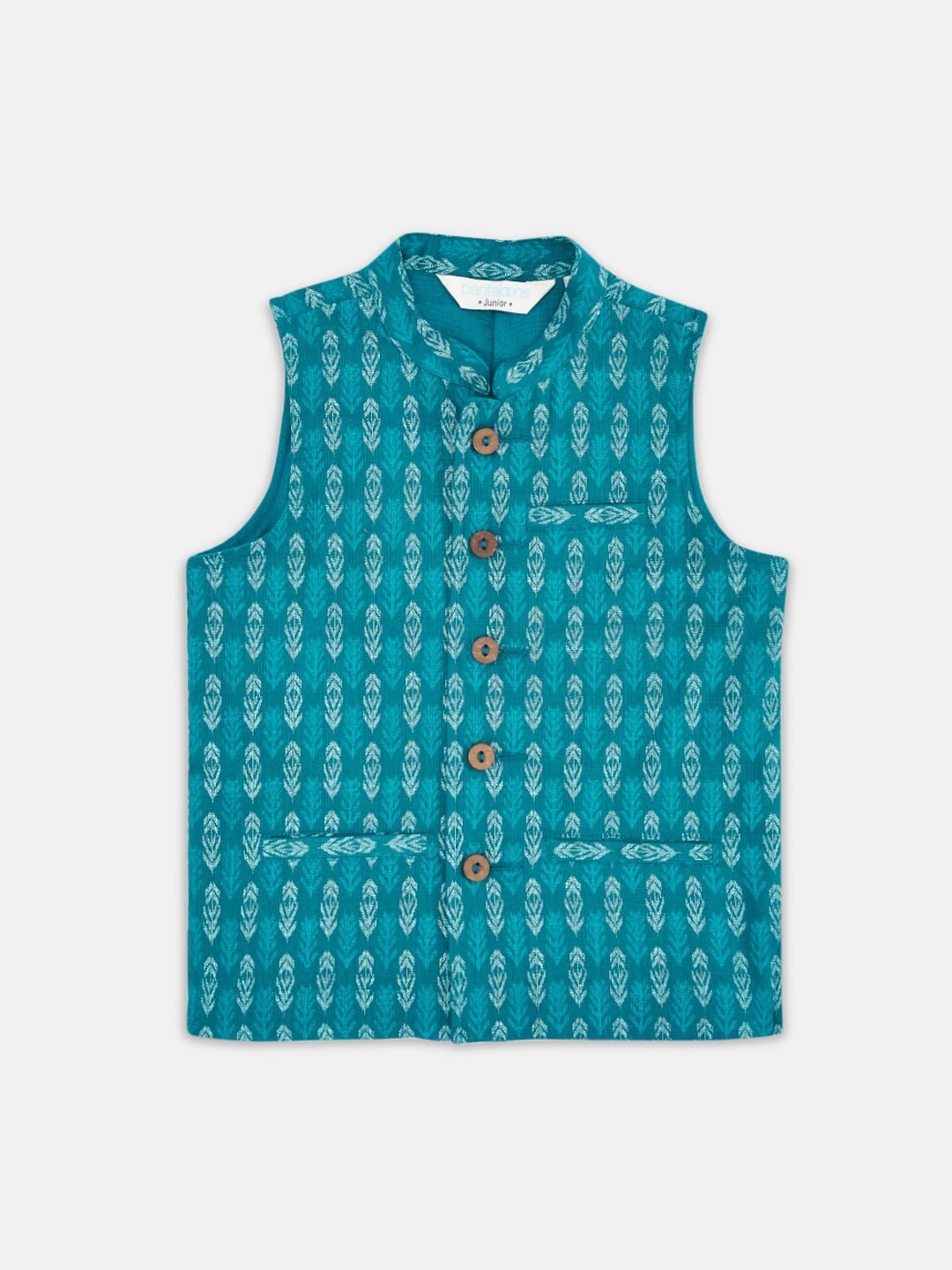 

indus route by Pantaloons Boys Teal Blue Printed Pure Cotton Nehru Jacket