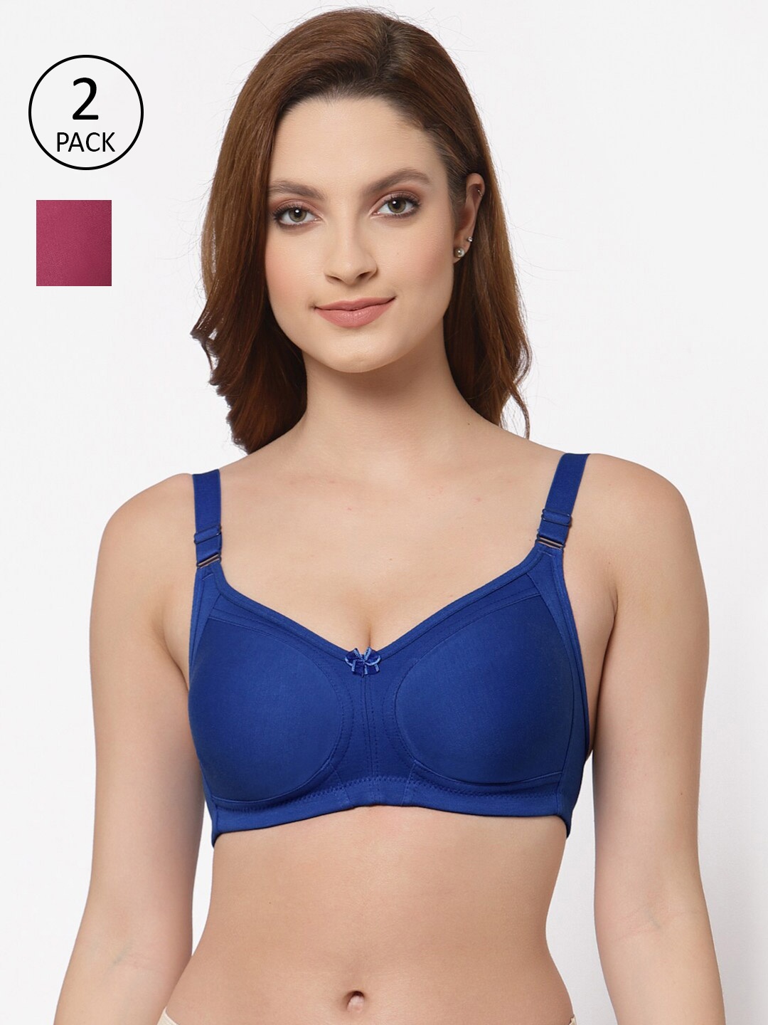 

Floret Pack of 2 Non Padded Non-Wired Cotton Full Coverage Everyday Bra With Moulded Cups, Blue