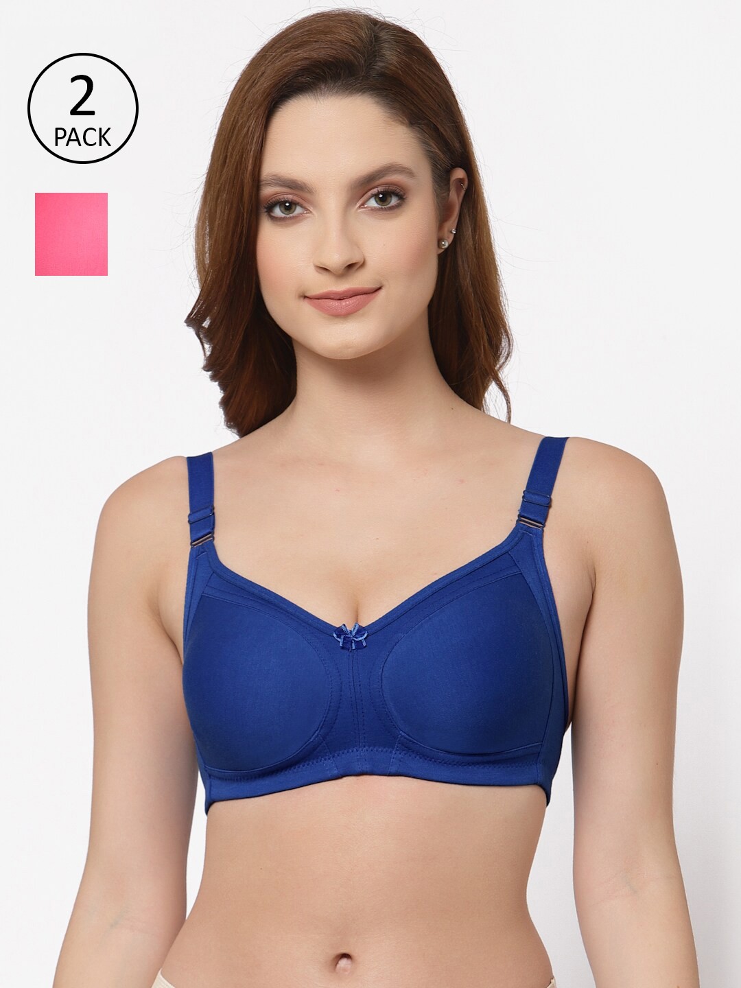 

Floret Pack of 2 Non Padded Non-Wired Cotton Full Coverage Everyday Bra With Moulded Cups, Blue