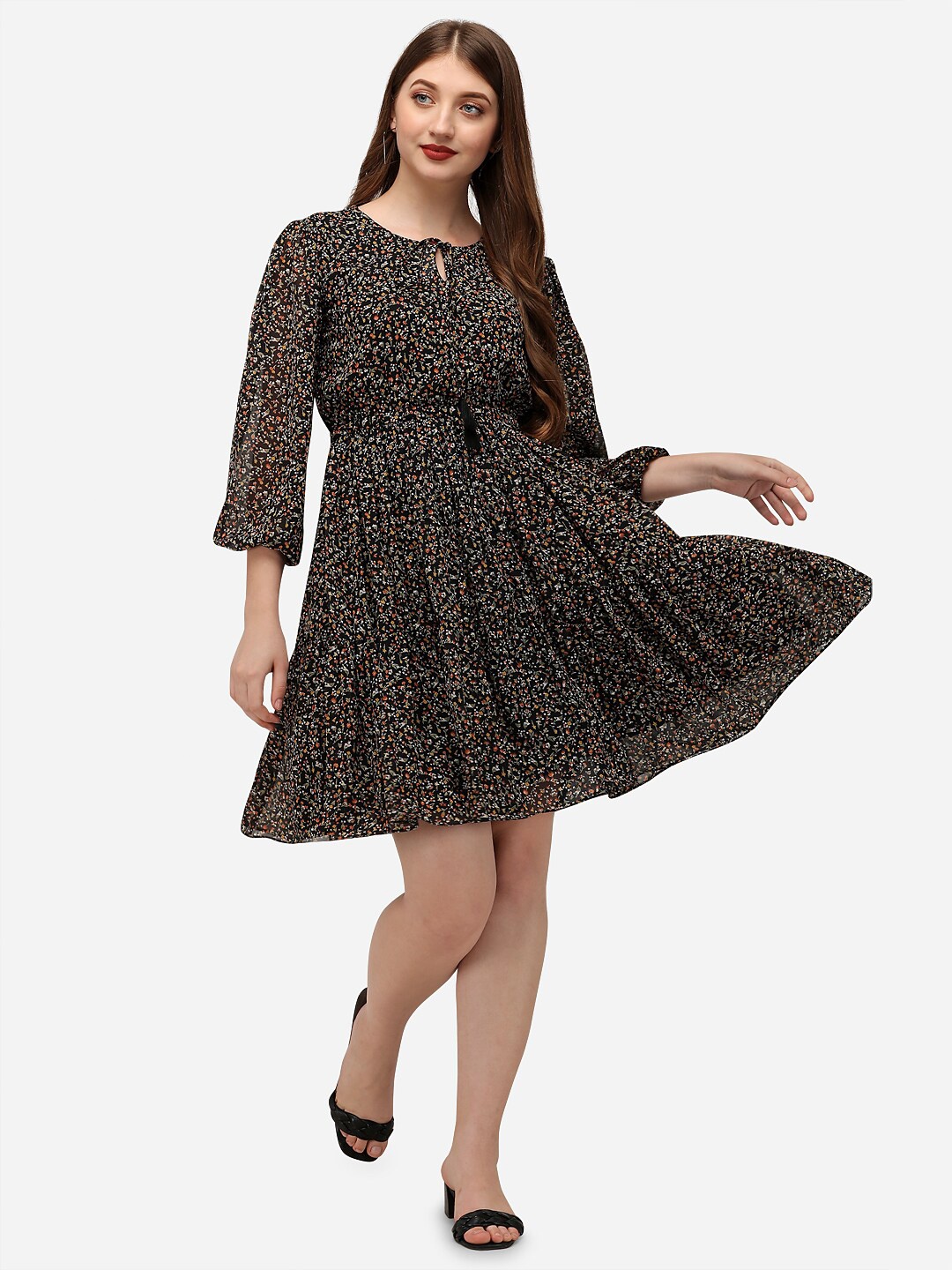 

Fbella Black Floral Printed Tie-Up Neck Georgette Dress
