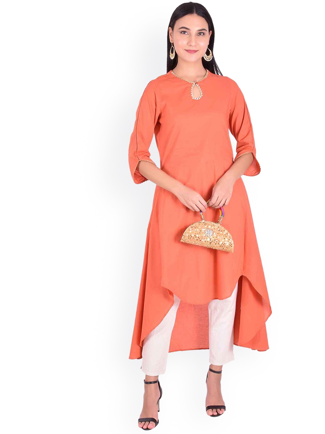 

YELLOW PARROT Women Orange Keyhole Neck Kurta