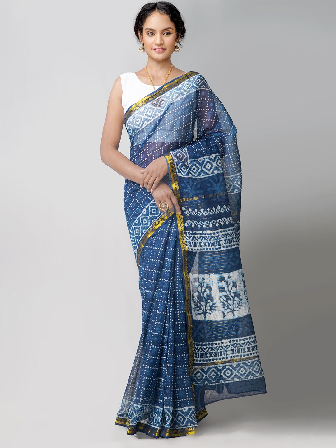 

Unnati Silks Blue & White Ethnic Motifs Zari Pure Cotton Kota Saree