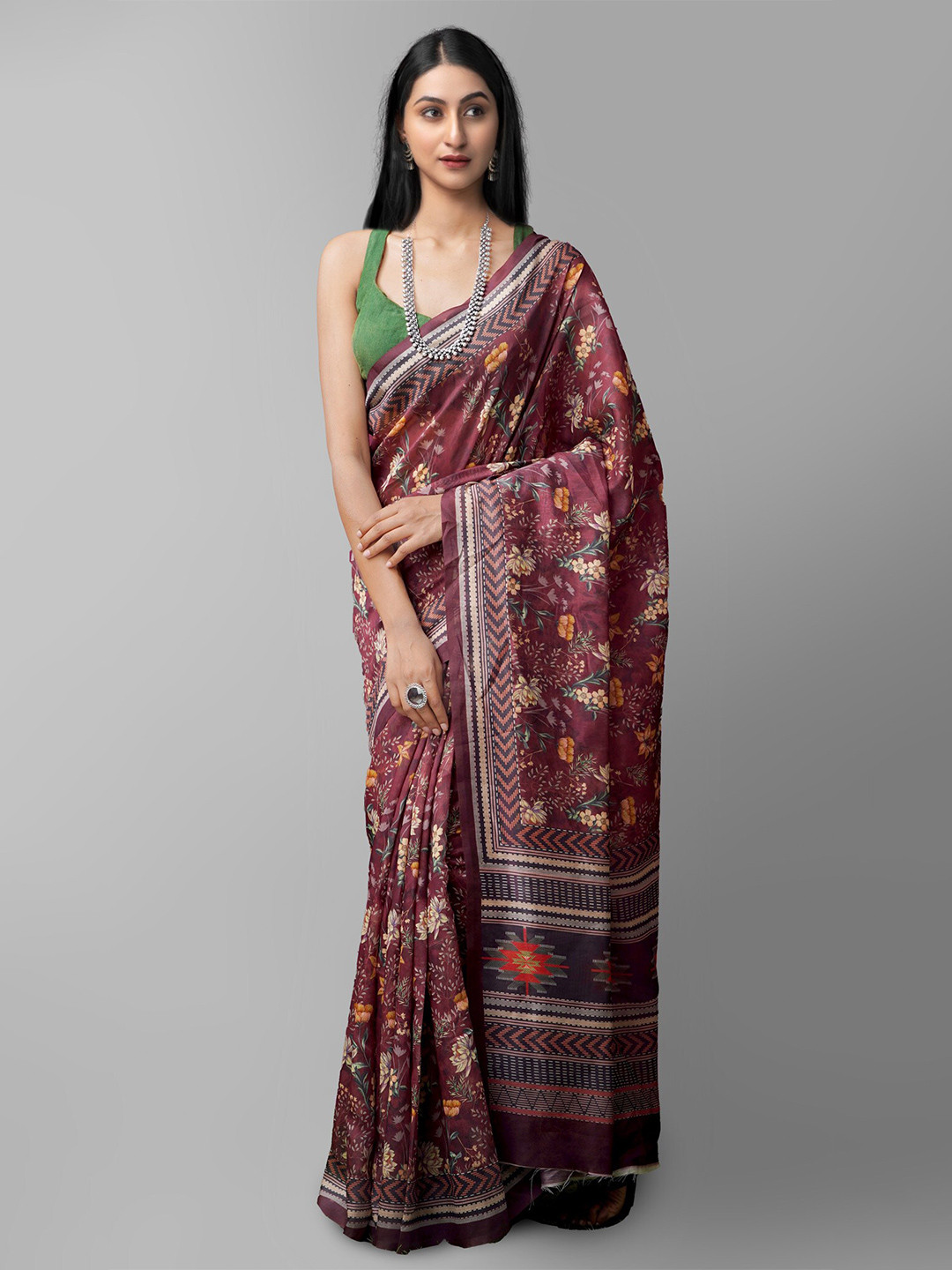 

Unnati Silks Burgundy & Green Ethnic Motifs Printed Chanderi Saree