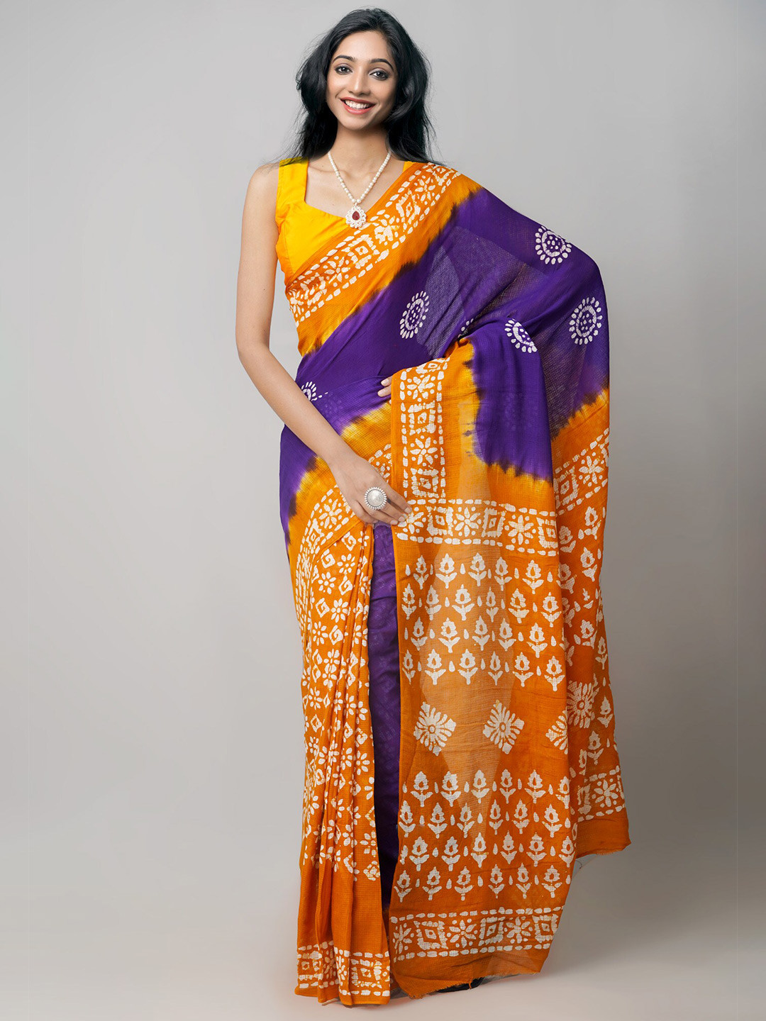 

Unnati Silks Violet & Orange Batik Pure Cotton Kota Saree
