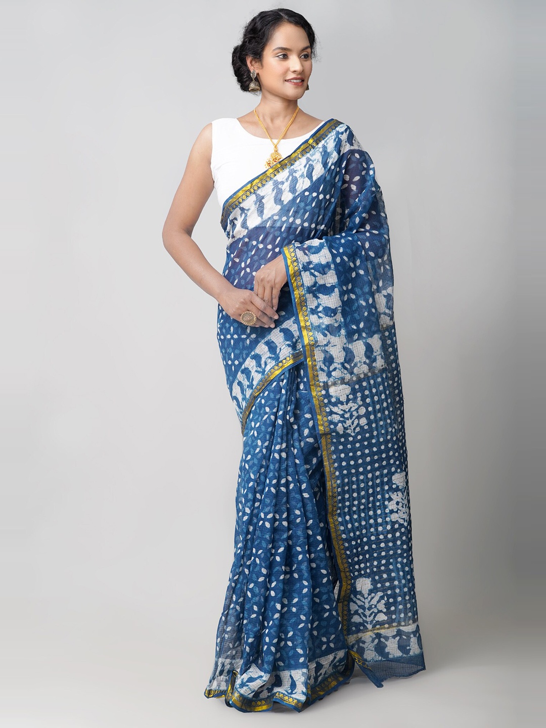 

Unnati Silks Blue & White Ethnic Motifs Zari Pure Cotton Kota Saree