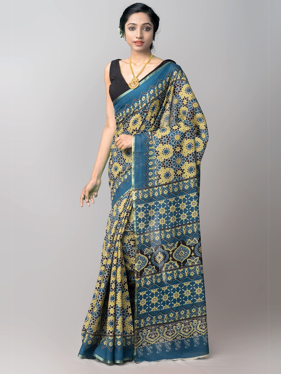 

Unnati Silks Blue & Yellow Zari Pure Cotton Patola Saree