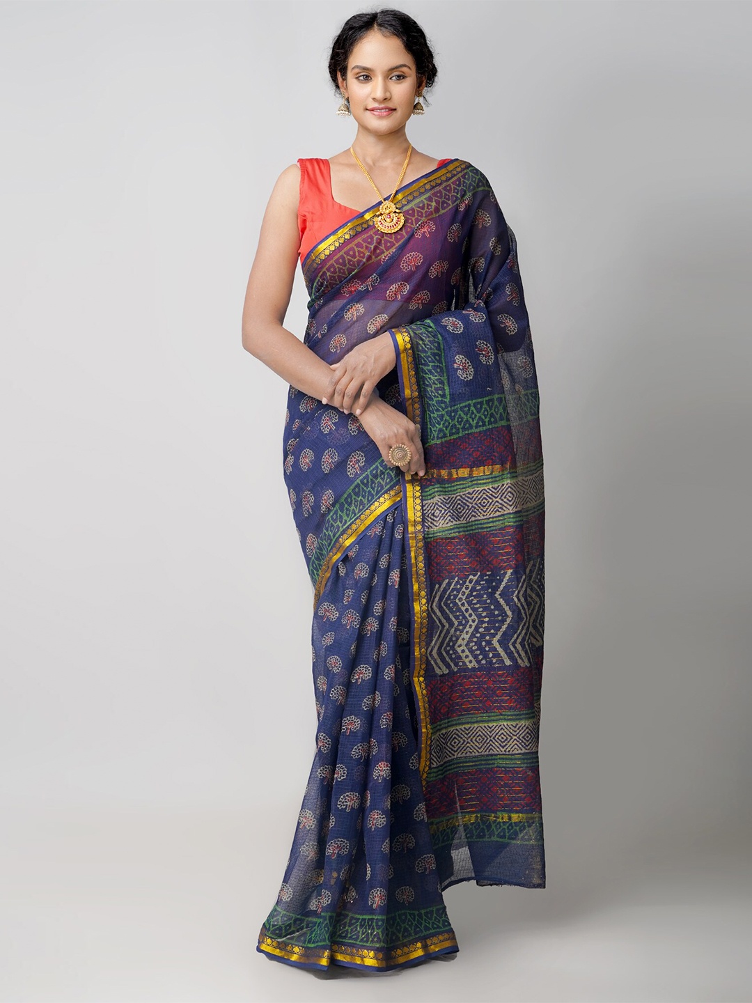 

Unnati Silks Blue & Pink Ethnic Motifs Zari Pure Cotton Kota Saree