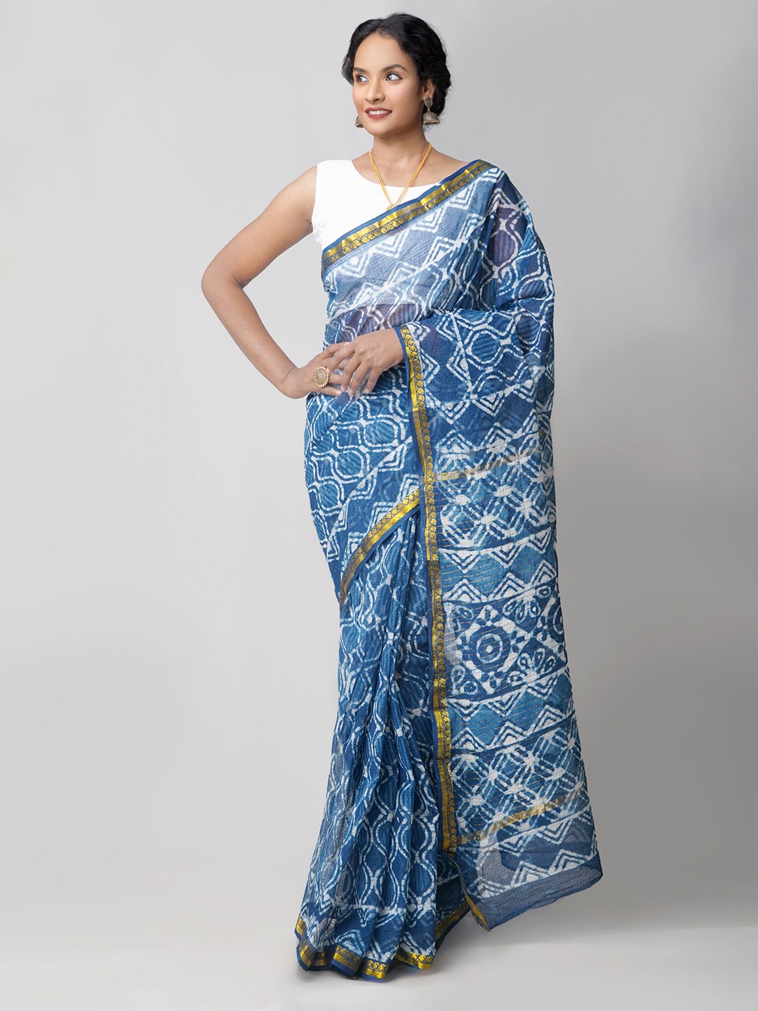 

Unnati Silks Blue & White Ethnic Motifs Zari Pure Cotton Kota Saree