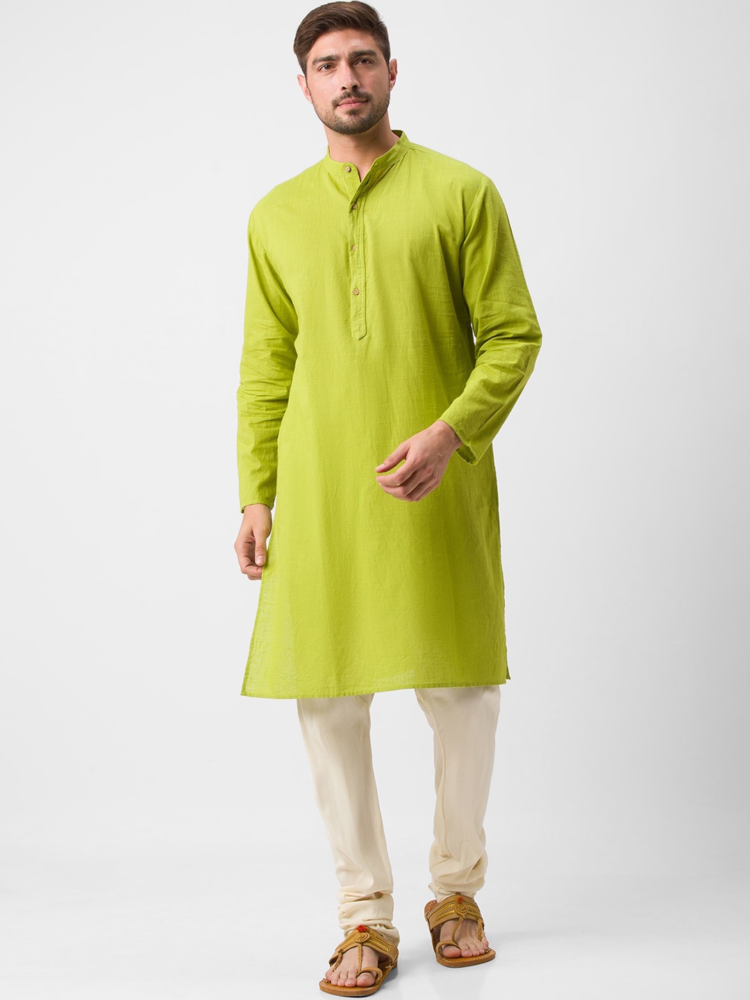 

Globus Men Lime Green Solid Mandarin Collar Kurta