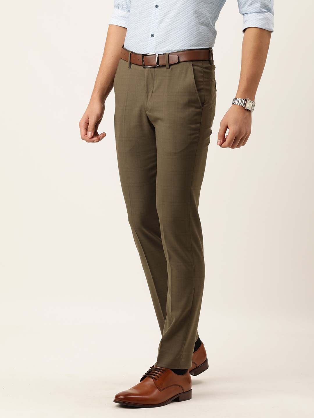 

Peter England Men Brown Checked Neo Slim Fit Formal Trousers