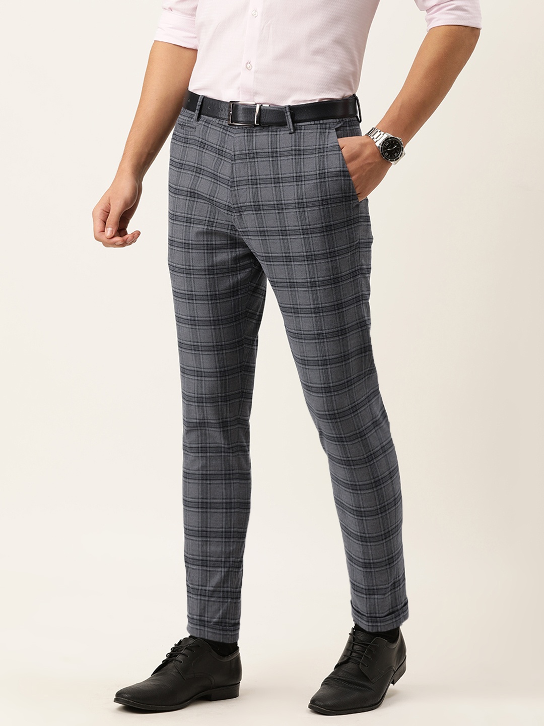 

Peter England Men Charcoal Checked Slim Fit Formal Trousers