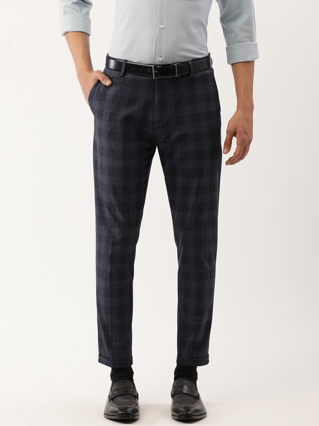 

Peter England Men Navy Blue Checked Slim Fit Formal Trousers