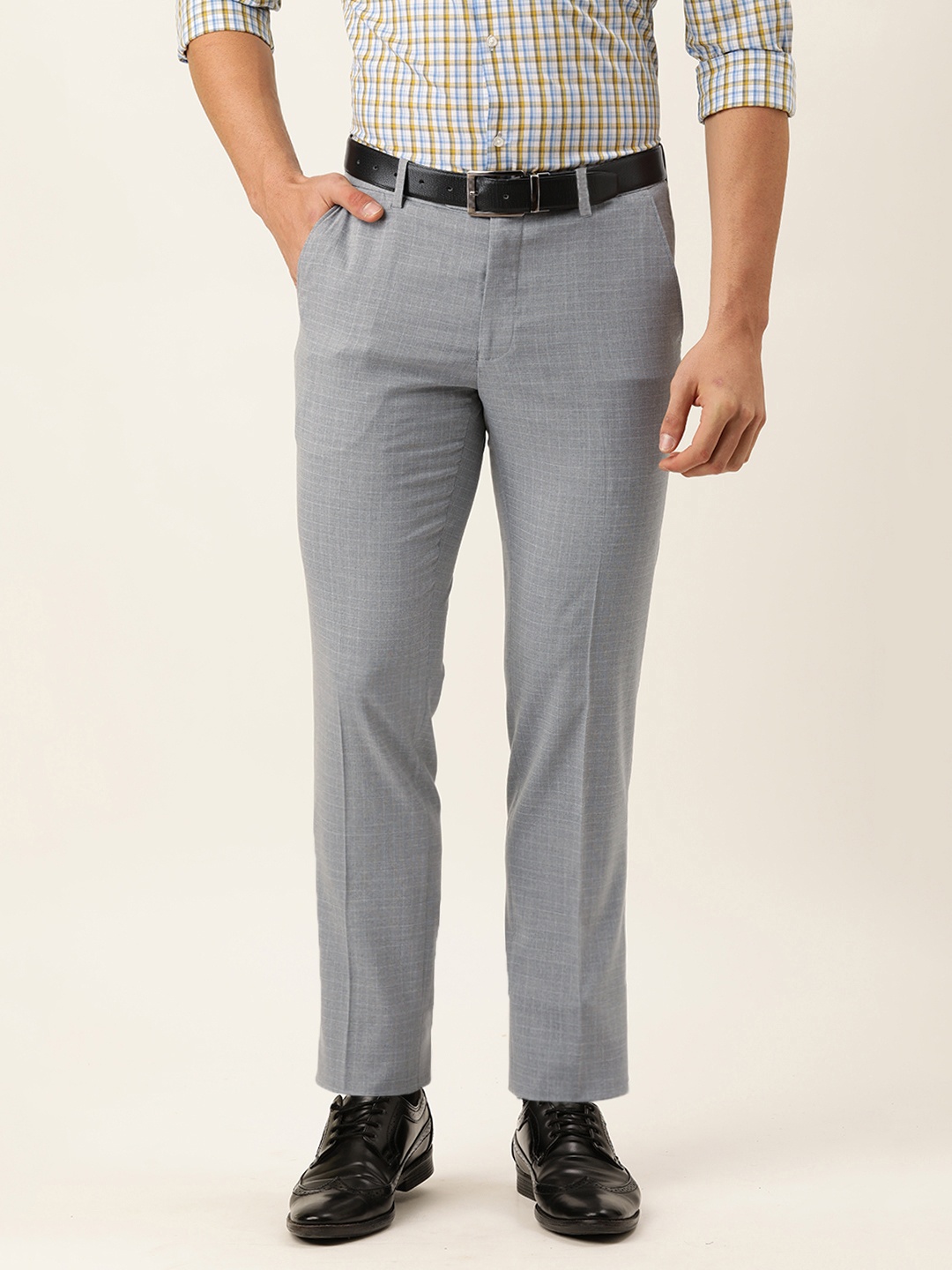

Peter England Men Grey Checked Slim Fit Trousers