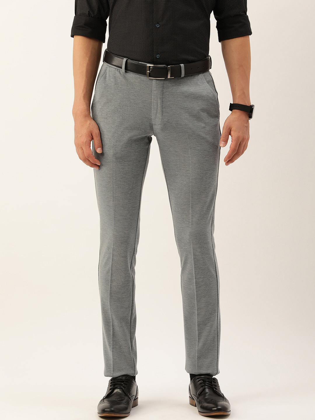 

Peter England Men Grey Textured Super Slim Fit Trousers
