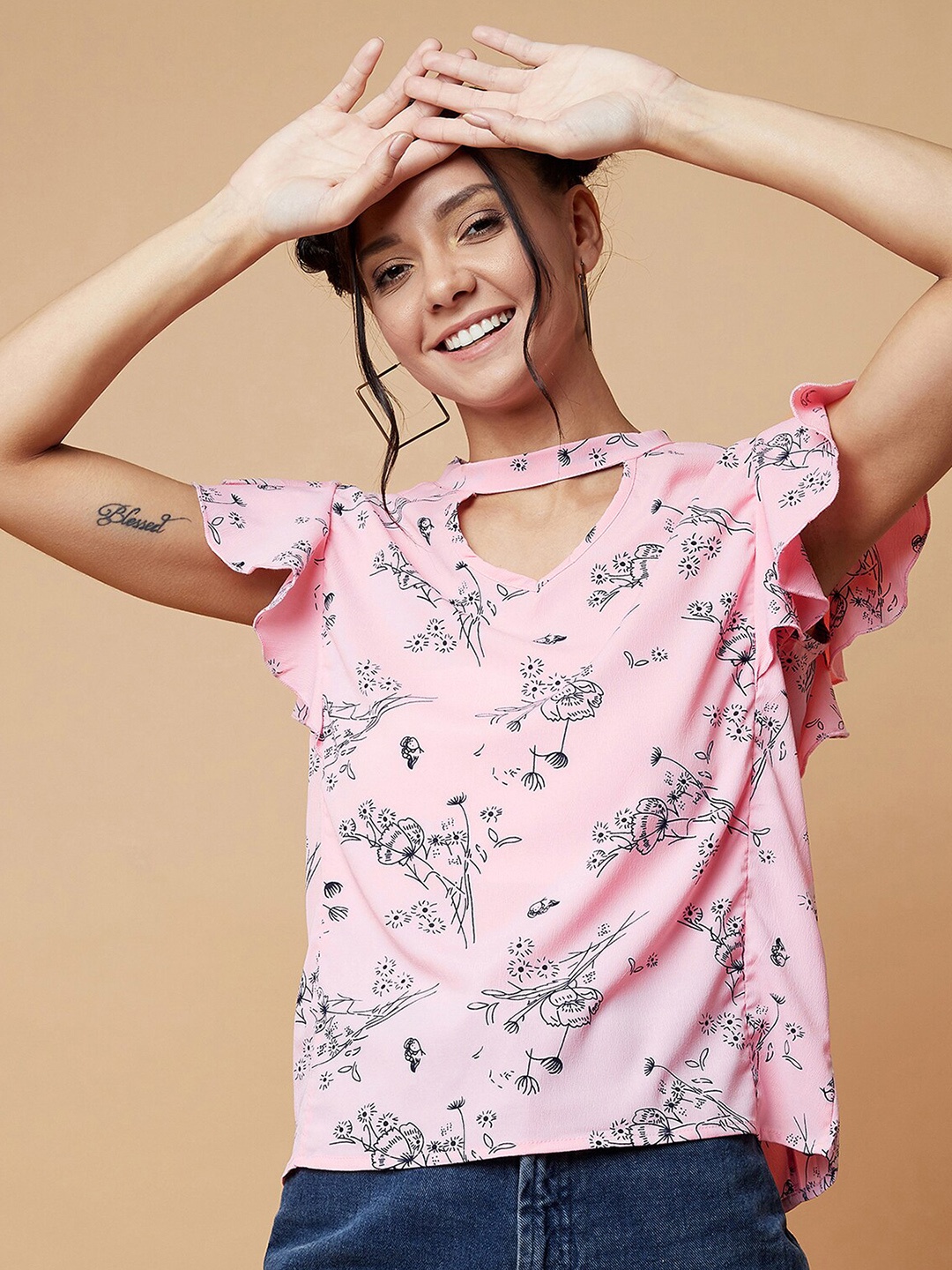 

CHIMPAAANZEE Pink Floral Print Choker Neck Top