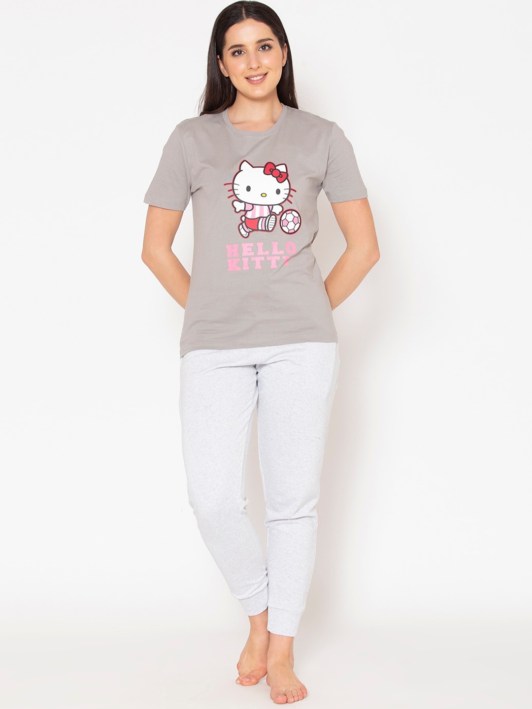 

Clovia Women Grey & White Hello Kitty Printed Cotton Night Suit