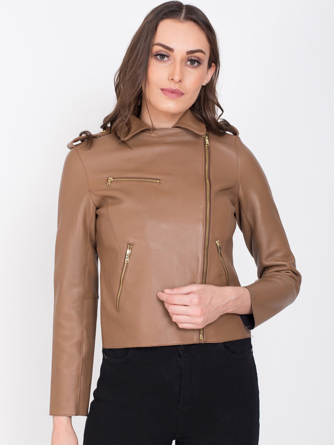 

Justanned Women Tan Lightweight Crop Outdoor Leather Jacket