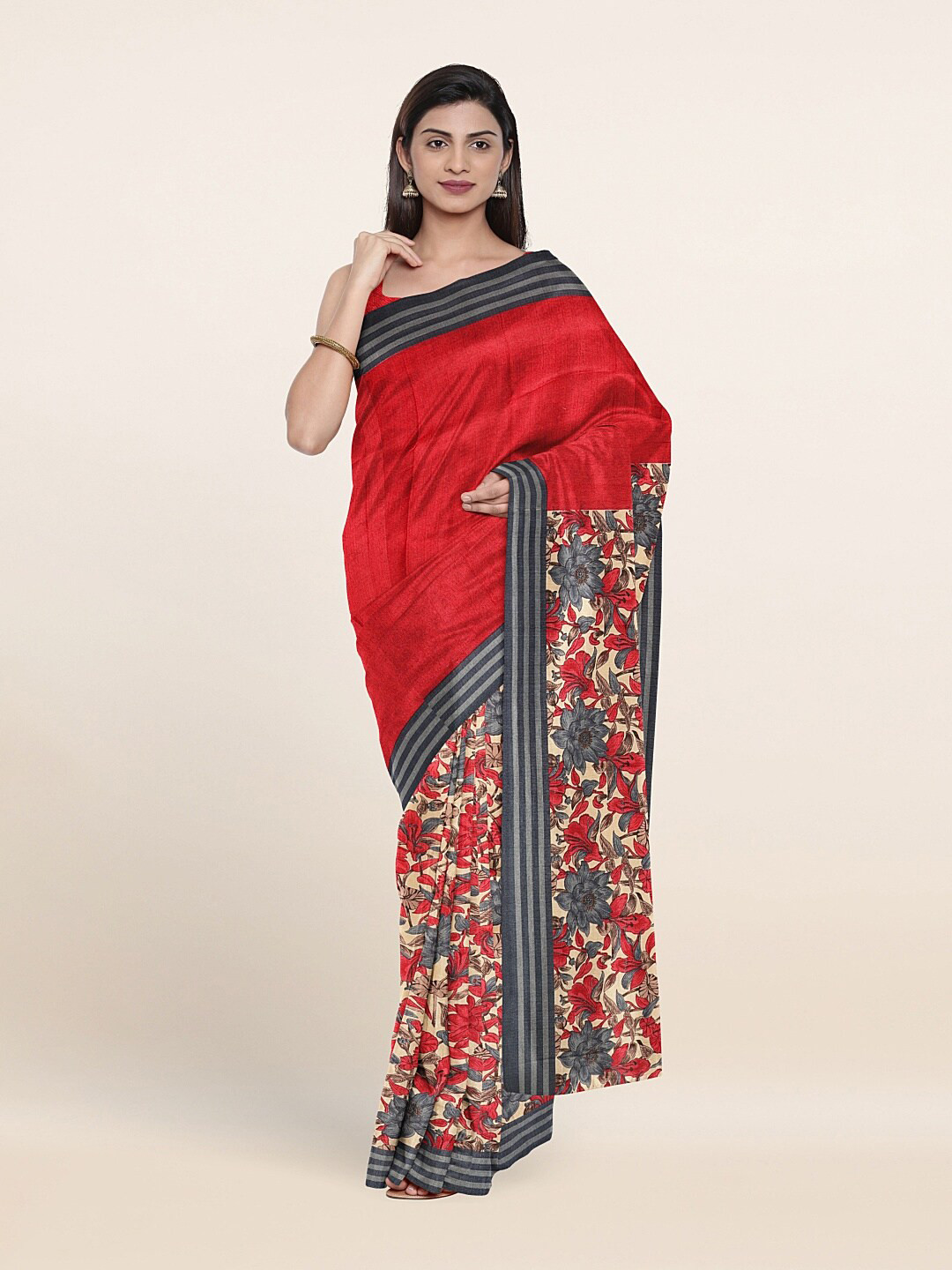 

Pothys Red & Cream-Coloured Floral Print Saree