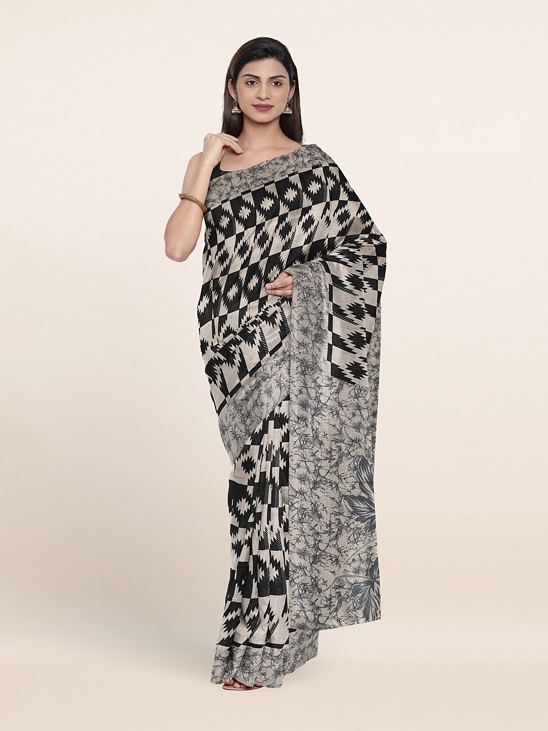 

Pothys Tan & Black Cotton Blend Saree