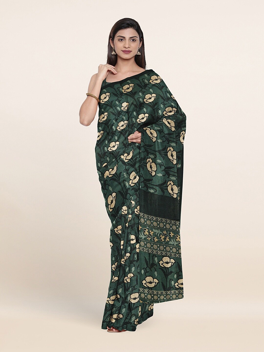 

Pothys Green & Cream-Coloured Floral Print Saree