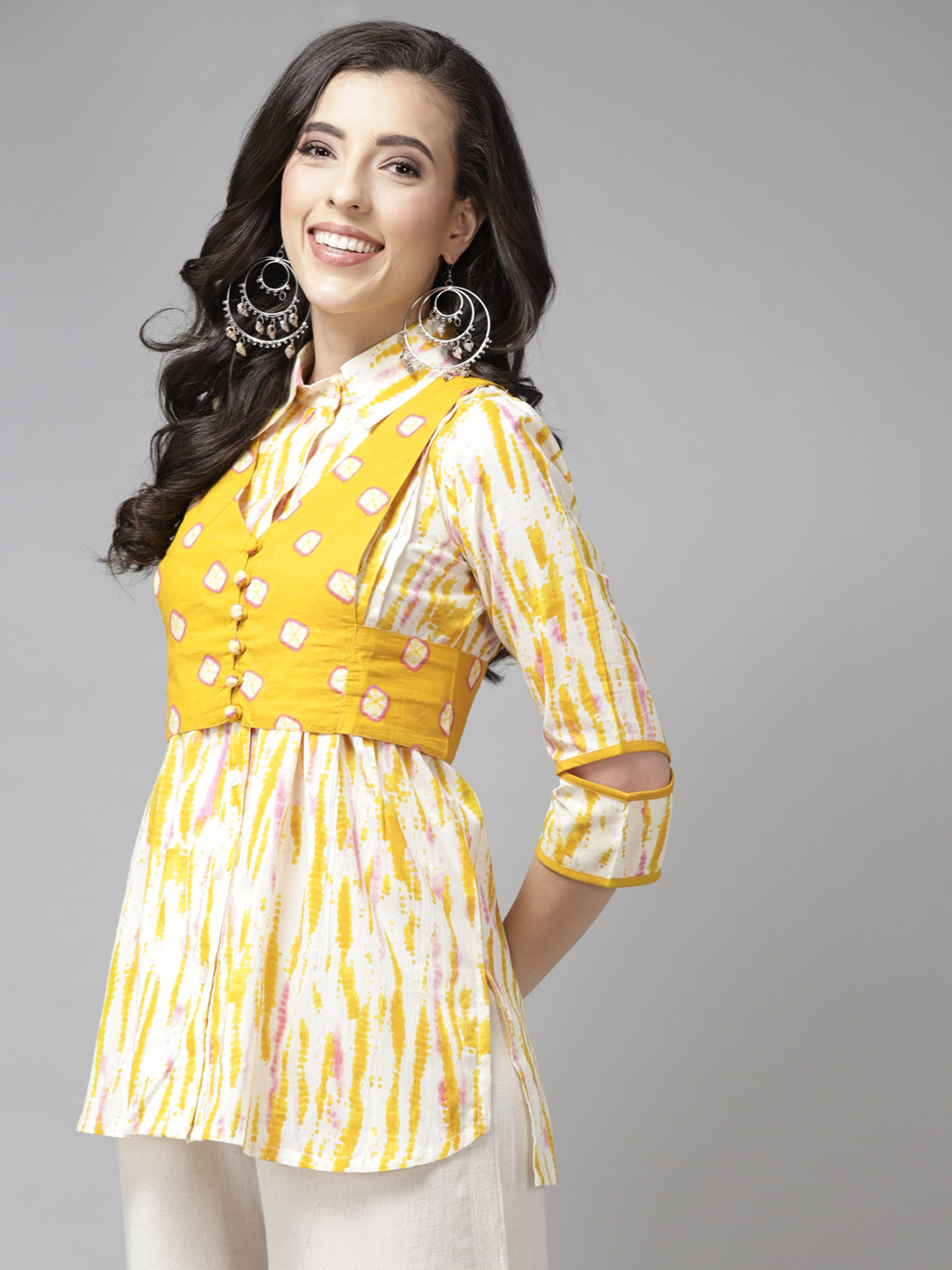 

Rain & Rainbow Women White & Orange Pure Cotton Dyed Casual Shirt with Jacket