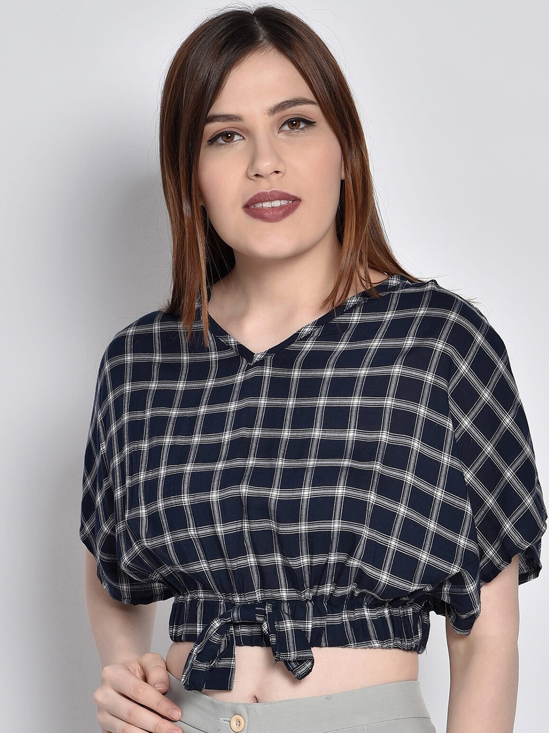 

CHIMPAAANZEE Navy Blue Checked Extended Sleeves Blouson Crop Top