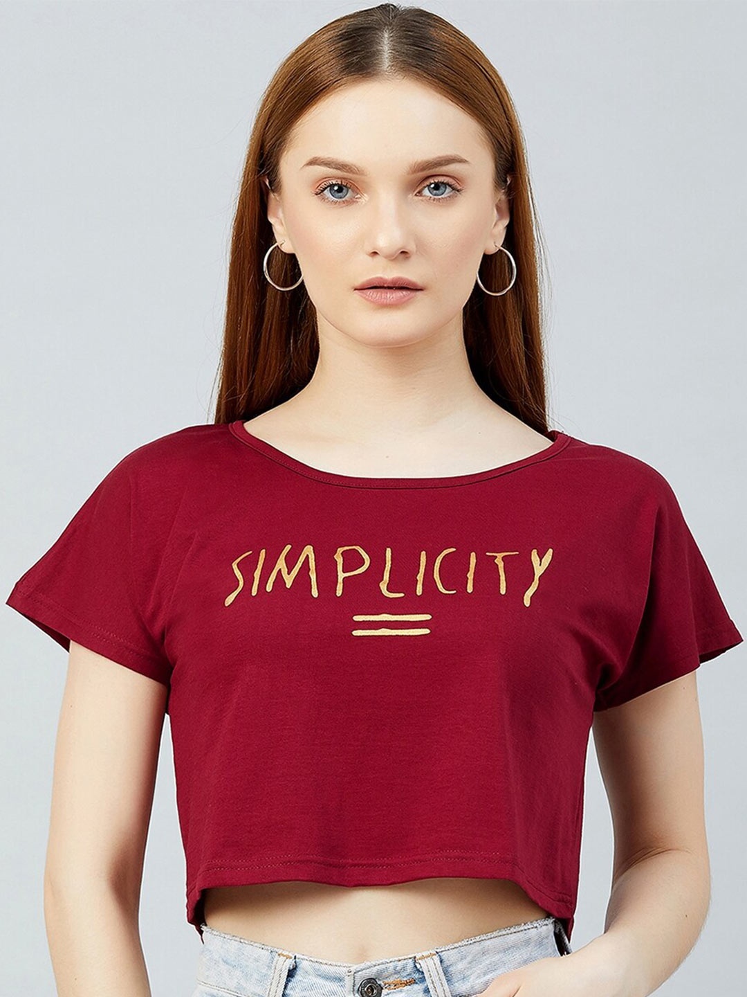 

CHIMPAAANZEE Women Maroon Typography Printed Crop T-shirt