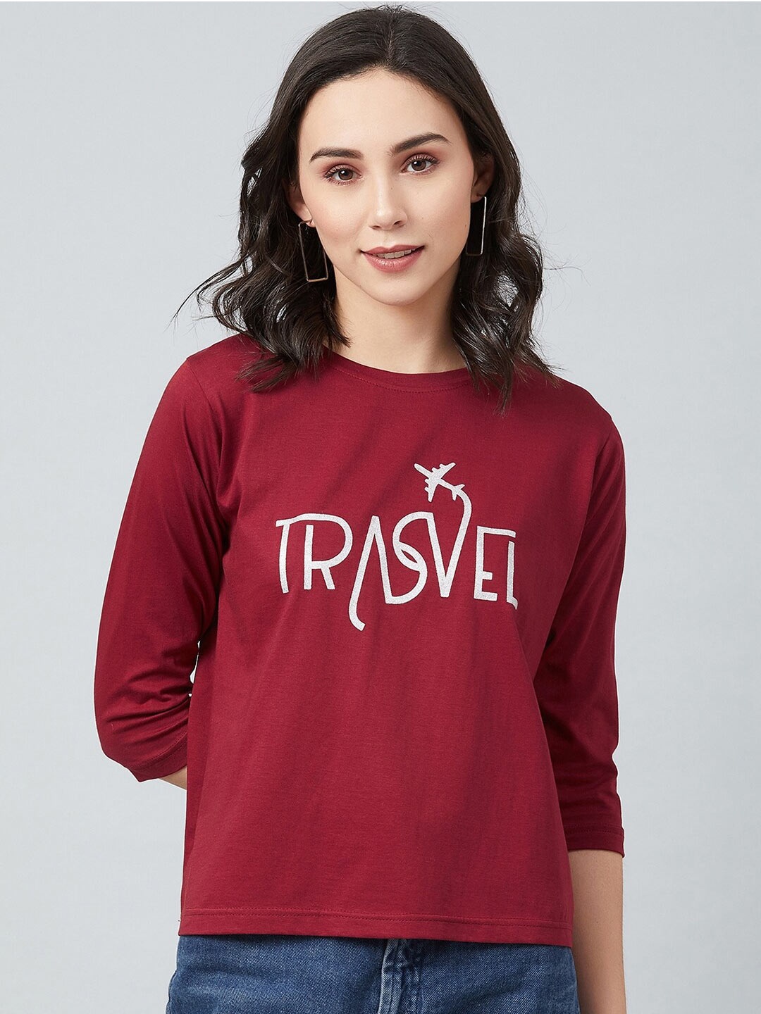 

CHIMPAAANZEE Women Maroon Typography Printed Round Neck T-shirt