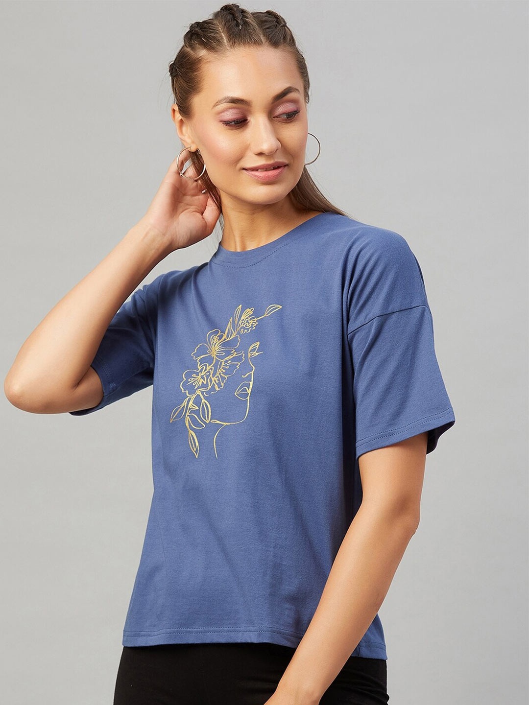 CHIMPAAANZEE Women Blue Solid Floral Print Drop Shoulder T-shirt