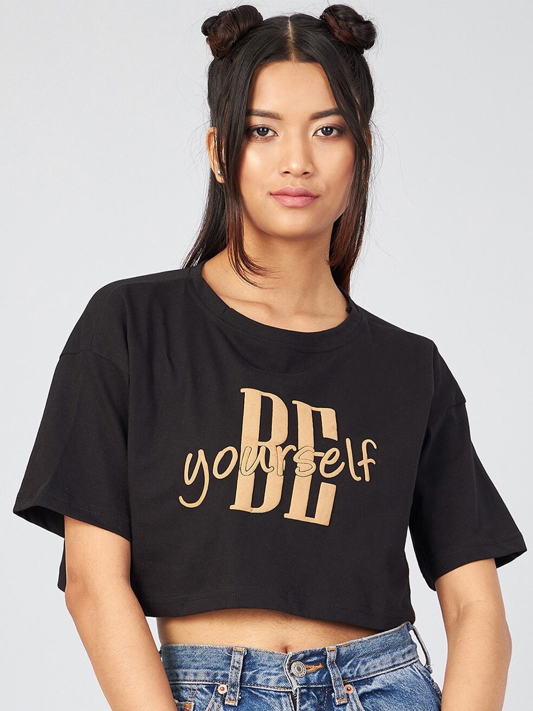 

CHIMPAAANZEE Women Black Typography Printed Oversized T-shirt