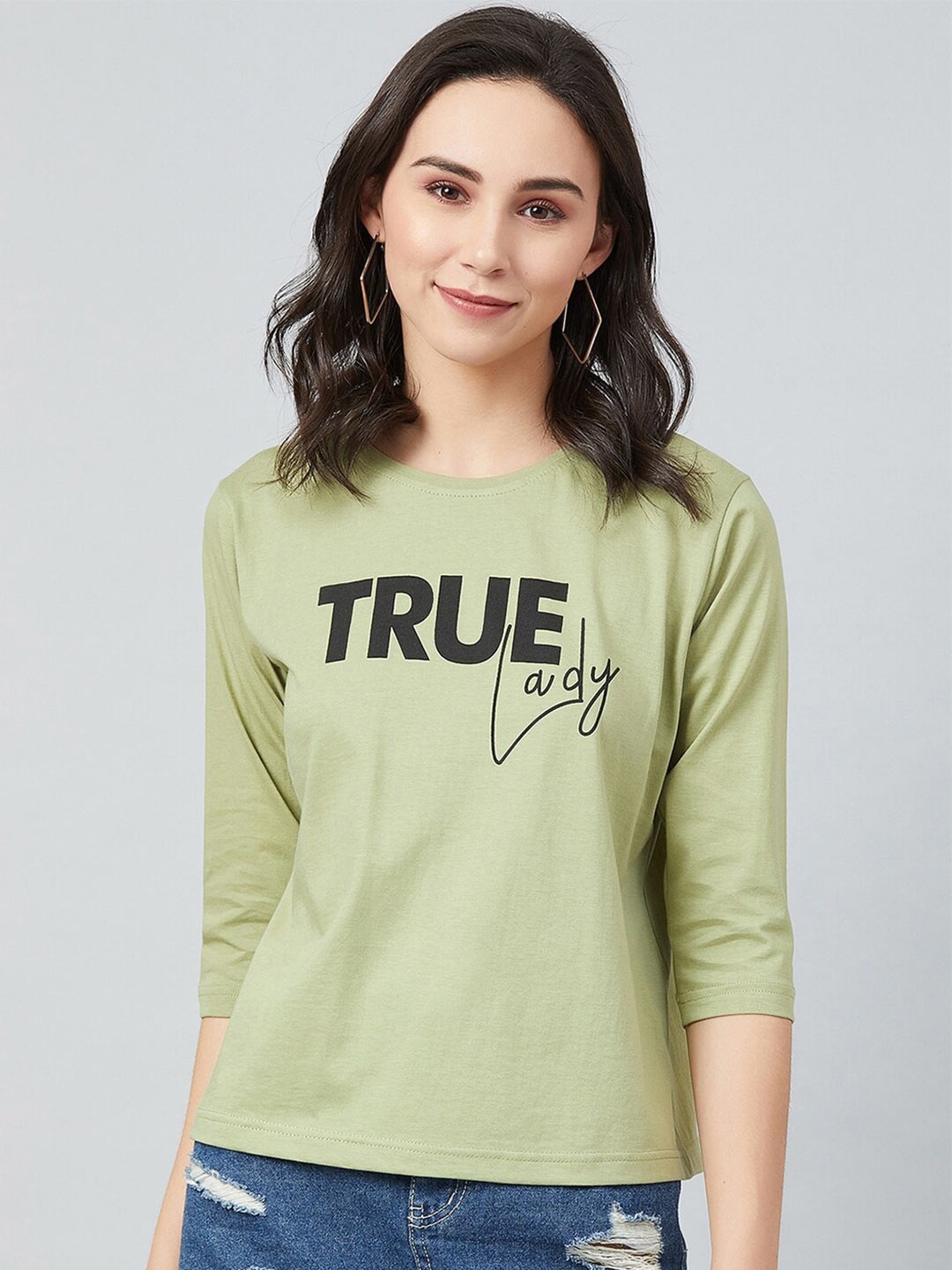 CHIMPAAANZEE Women Light Olive Green Typography Printed T-shirt