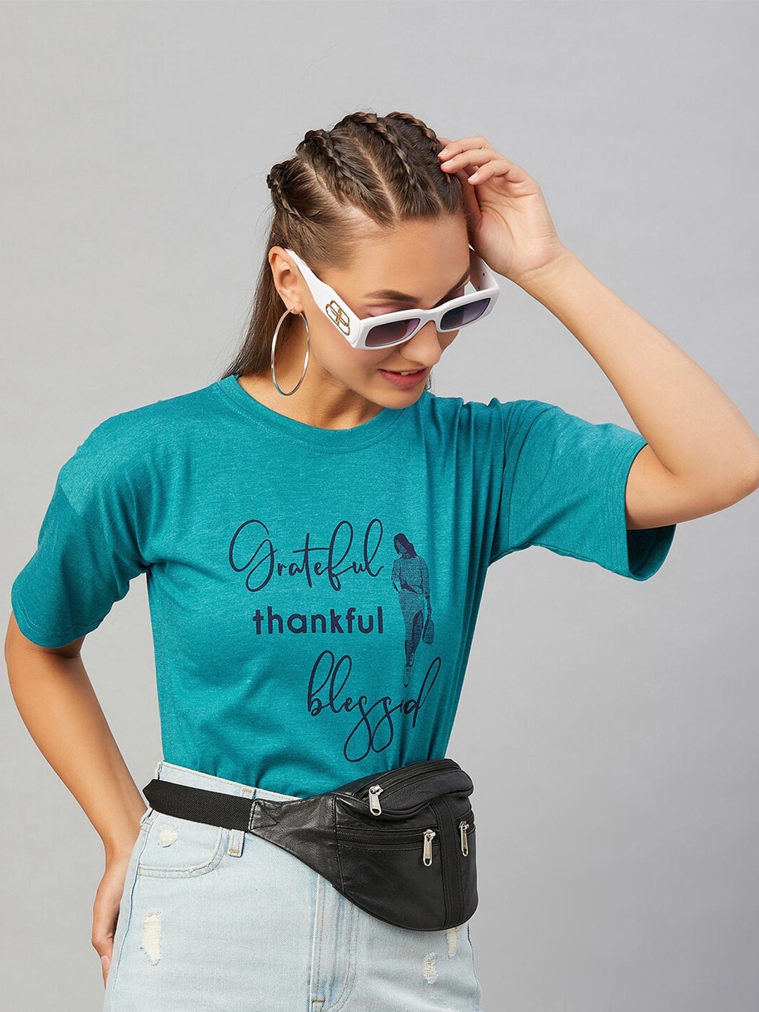 

CHIMPAAANZEE Women Blue Typography Printed Drop shoulder T-shirt