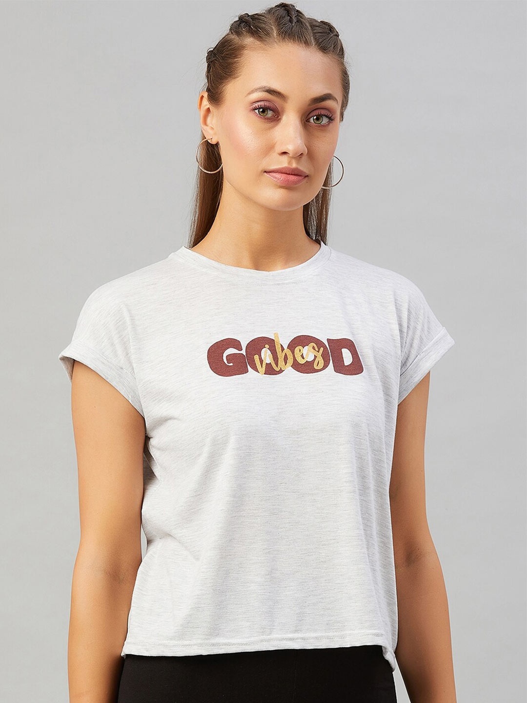 

CHIMPAAANZEE Women Light Grey Typography Printed Oversized T-shirt