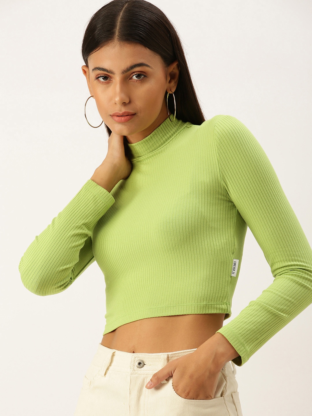 

FOREVER 21 Women Green Self Design Crop Top