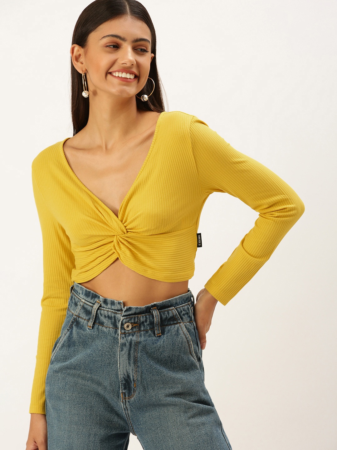 

FOREVER 21 Women Yellow Solid Ribbed Crop Top