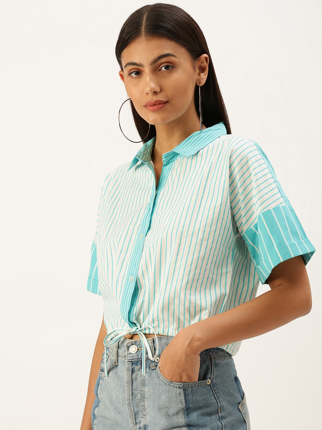 

FOREVER 21 Blue & White Striped Pure Cotton Shirt Style Top