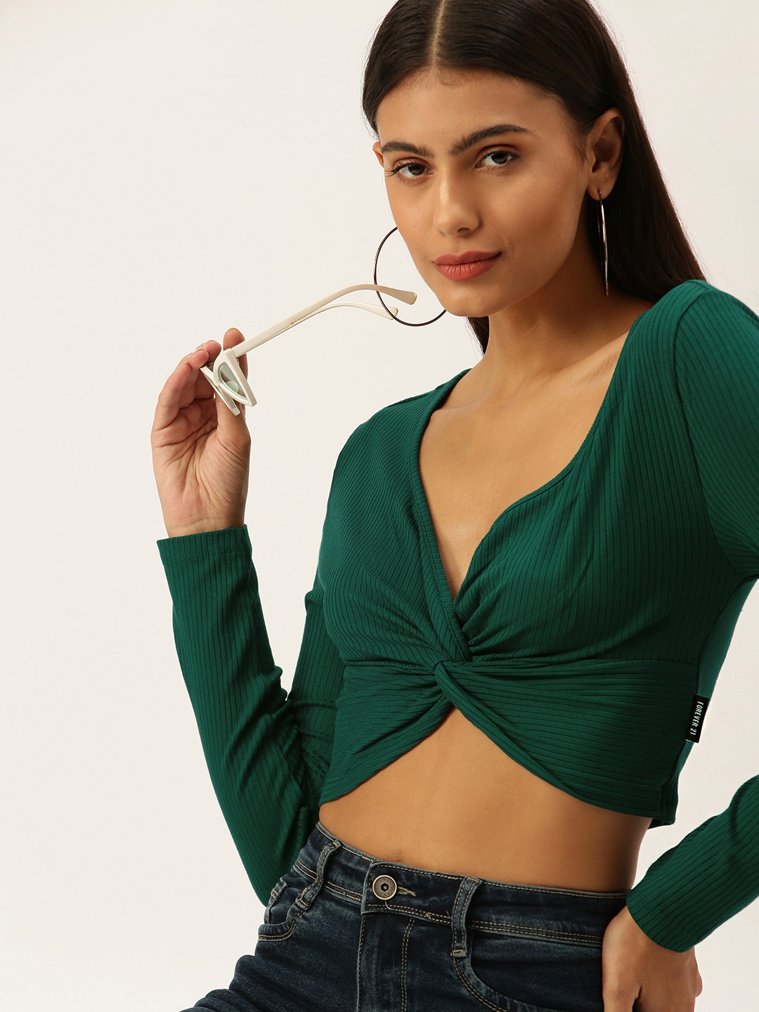 

FOREVER 21 Women Green Solid Ribbed Crop Top