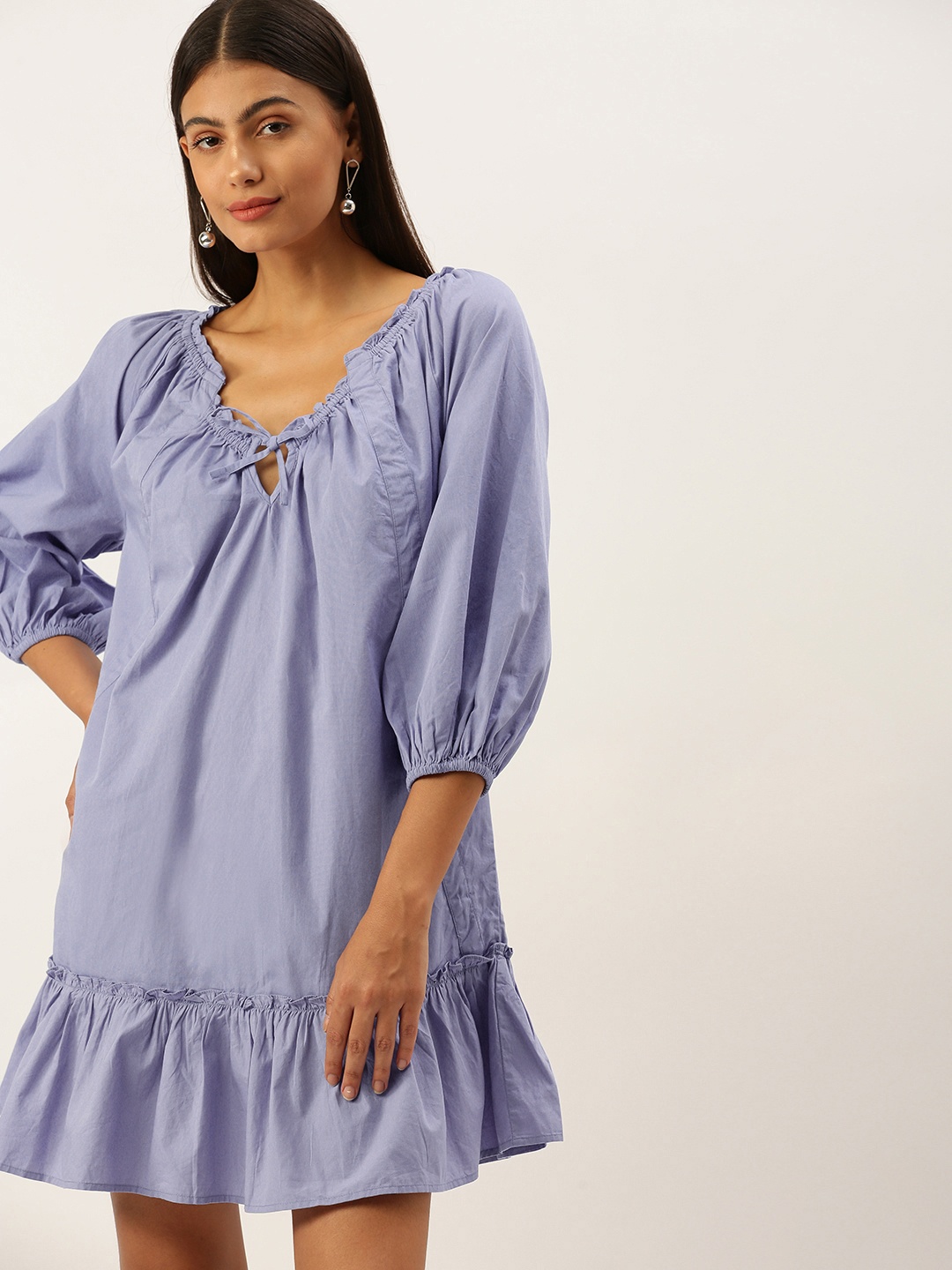 

FOREVER 21 Blue Puff Sleeves Flounce A-Line Mini Dress