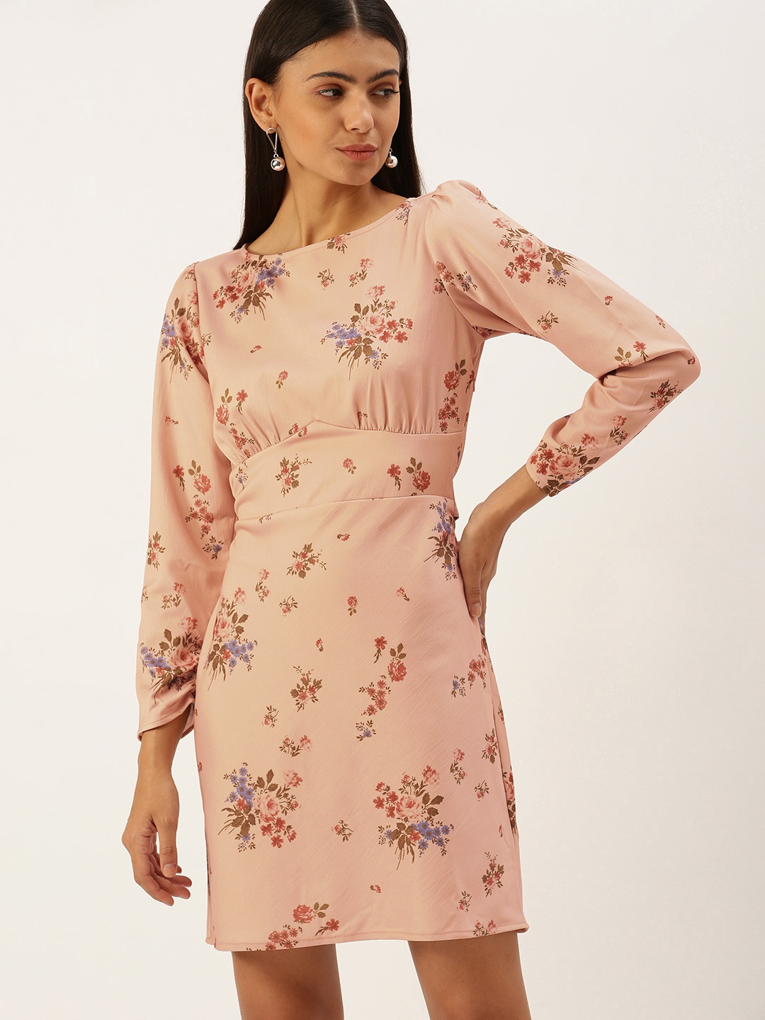 

FOREVER 21 Women Peach-Coloured & Red Floral Sheath Dress