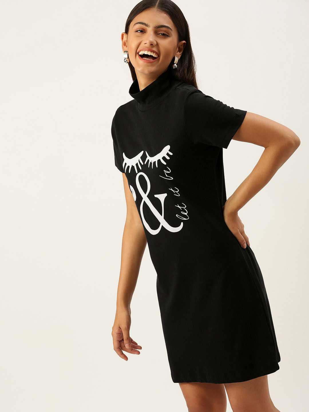 

FOREVER 21 Women Black & White Printed T-shirt Dress