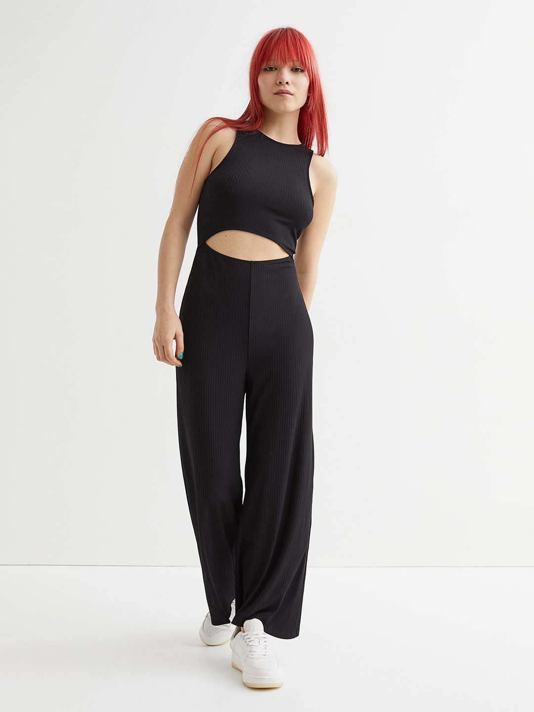 

H&M Women Black Cut-out Ribbed Jumpsuit