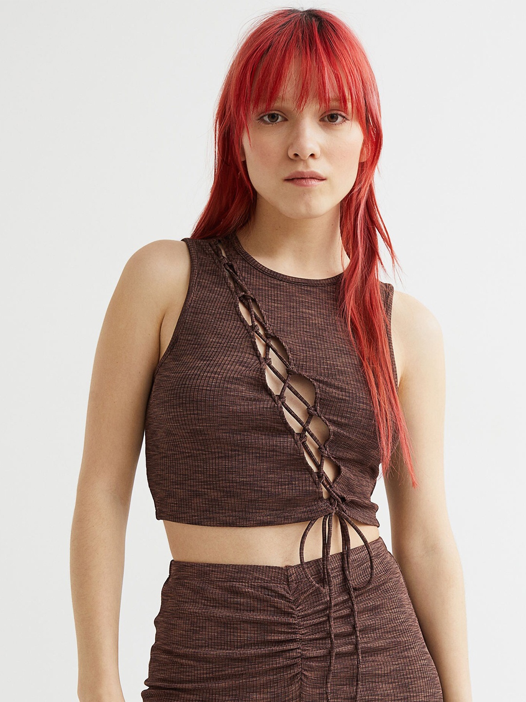 

H&M Women Brown Lacing-Detail Cut-Out Top