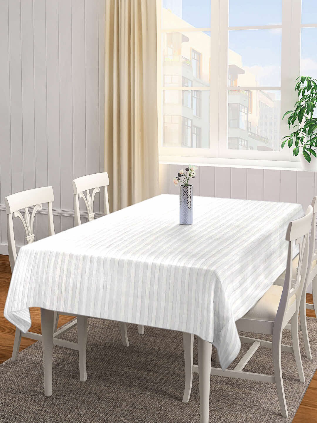 

Arrabi White and Grey Striped Cotton Blend 8 Seater Table Covers