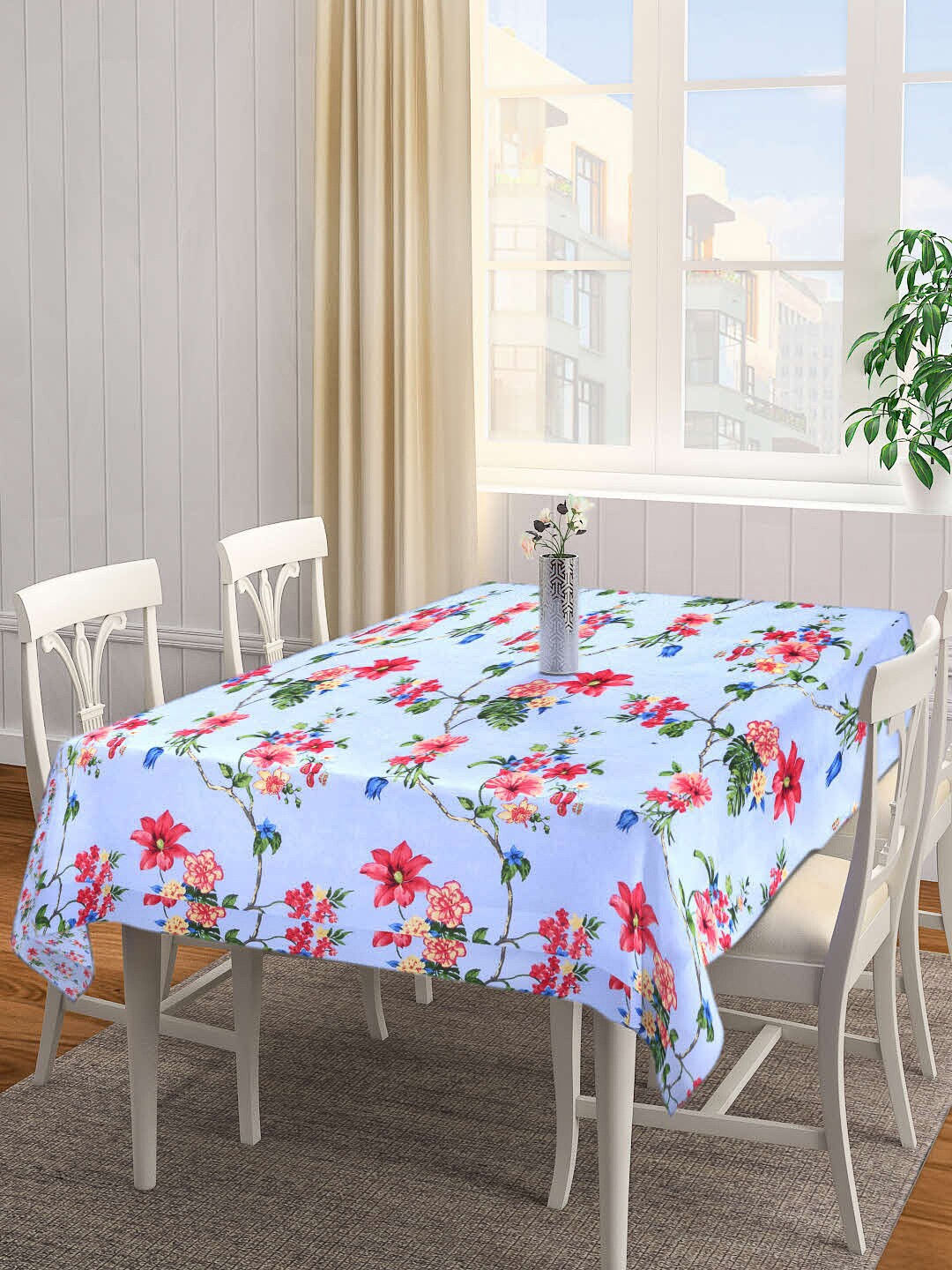 

Arrabi Blue & Red Floral Printed 6 Seater Table Cover