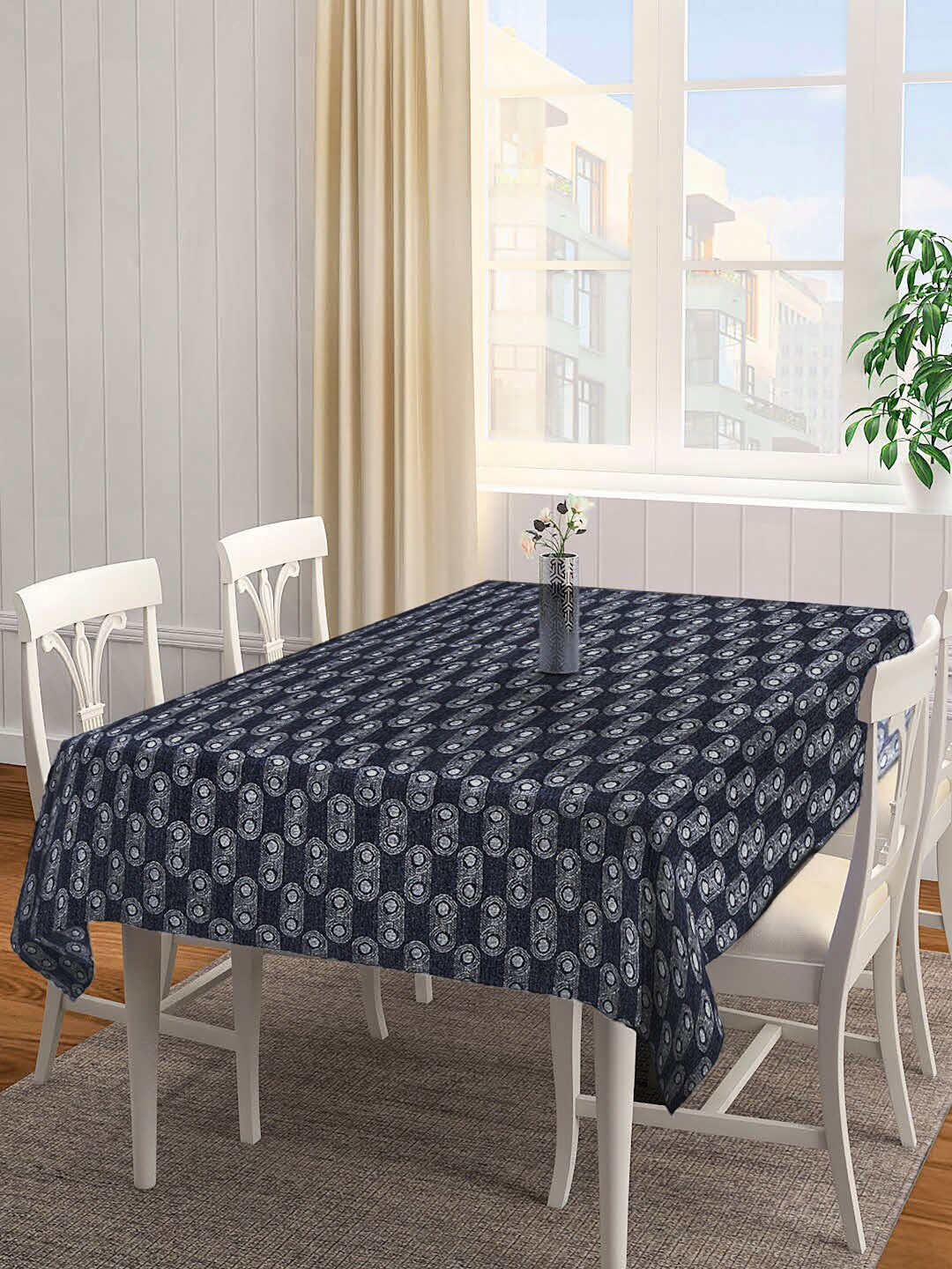 

Arrabi Blue & White Printed Cotton 8 Seater Table Covers, Black