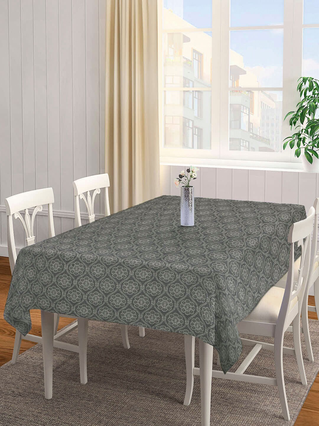 

Arrabi Floral Handwoven Cotton 8 Seater Table Cover, Grey